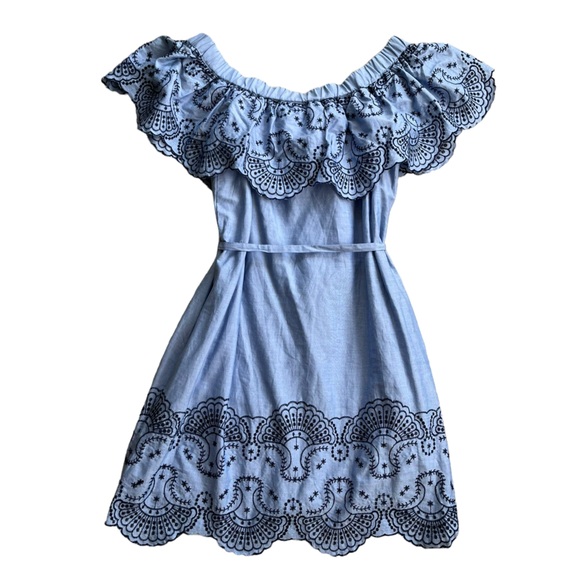 New York & Company Chambray Blue Off The Shoulder Dress Ruffle Embroidered Med - Picture 5 of 6